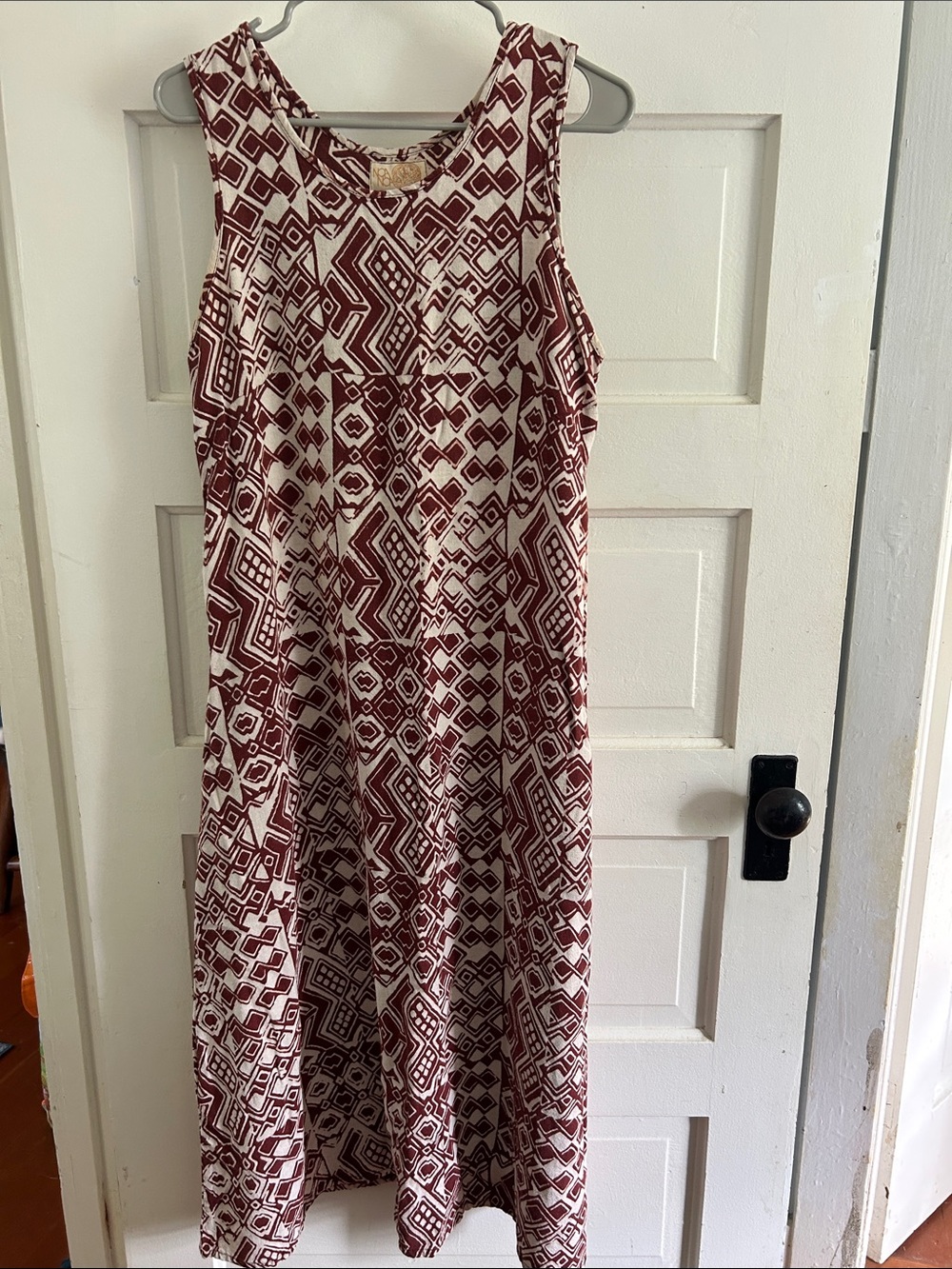 Noa Noa Sleeveless Hawaiian Geo-Print Boho Midi Dress in Burgundy and Cream Sz M